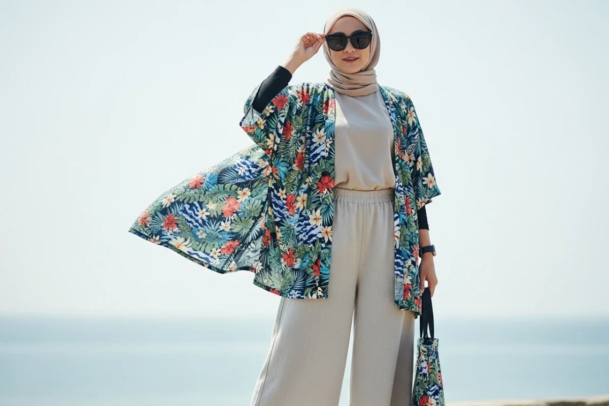 Celana Kulot + Blus Longgar + Kimono Print Tropikal