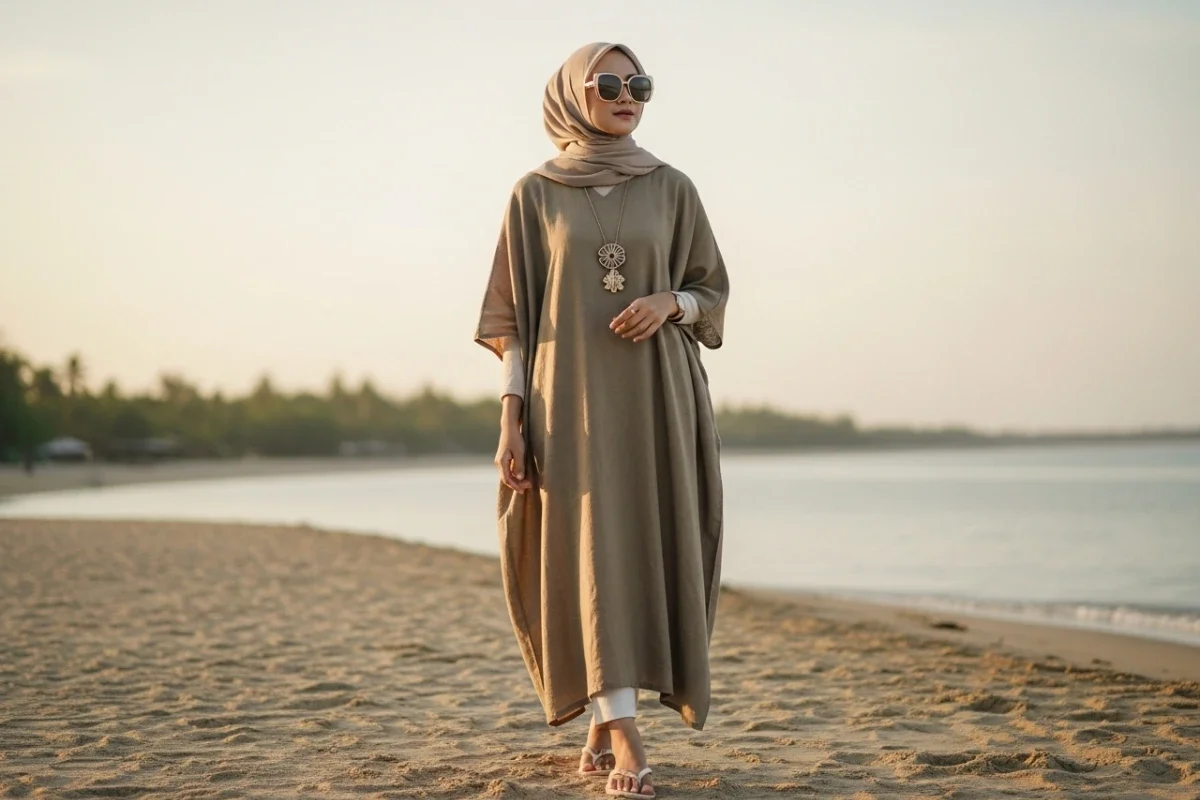 Kaftan Linen + Kacamata Besar + Sandal Jepit Stylish