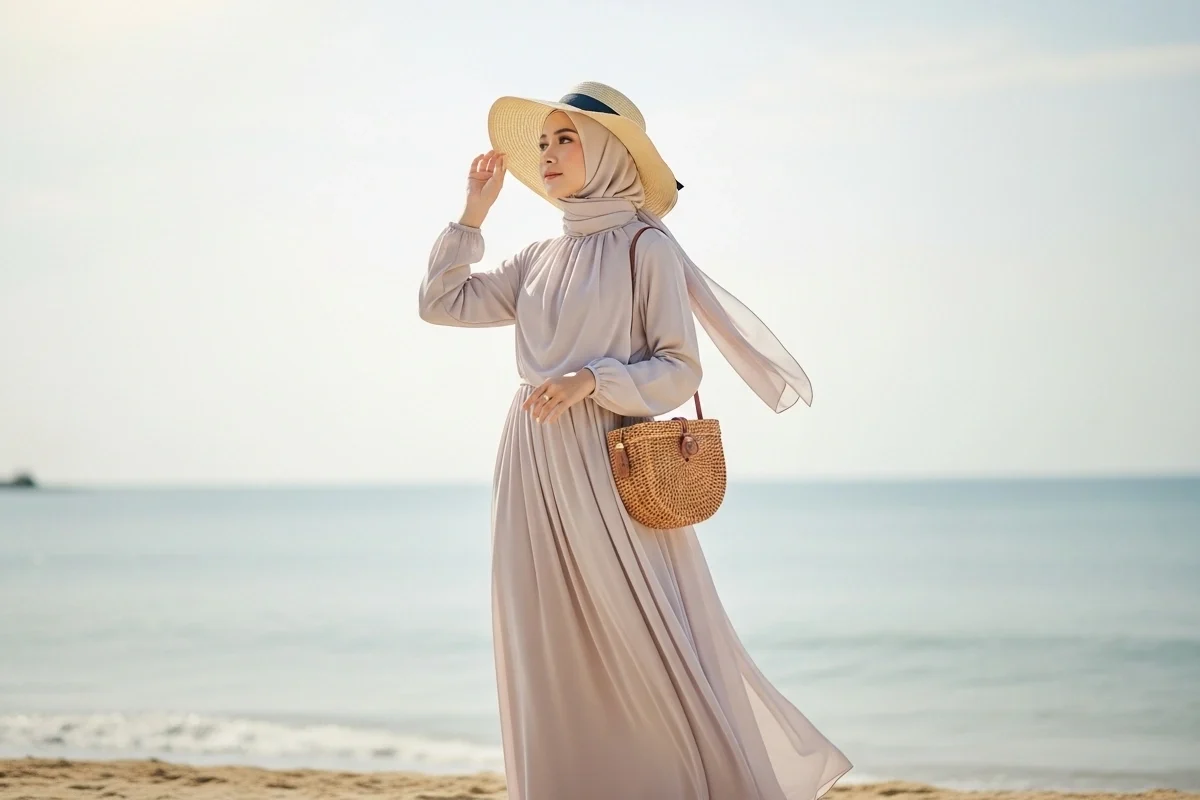 Maxi Dress Flowy + Topi Pantai + Hijab Voal