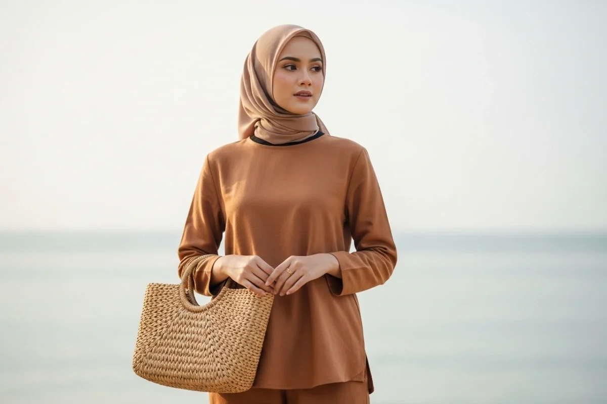 Set Outfit Linen + Tote Bag Anyaman + Kerudung Segi Empat Polos